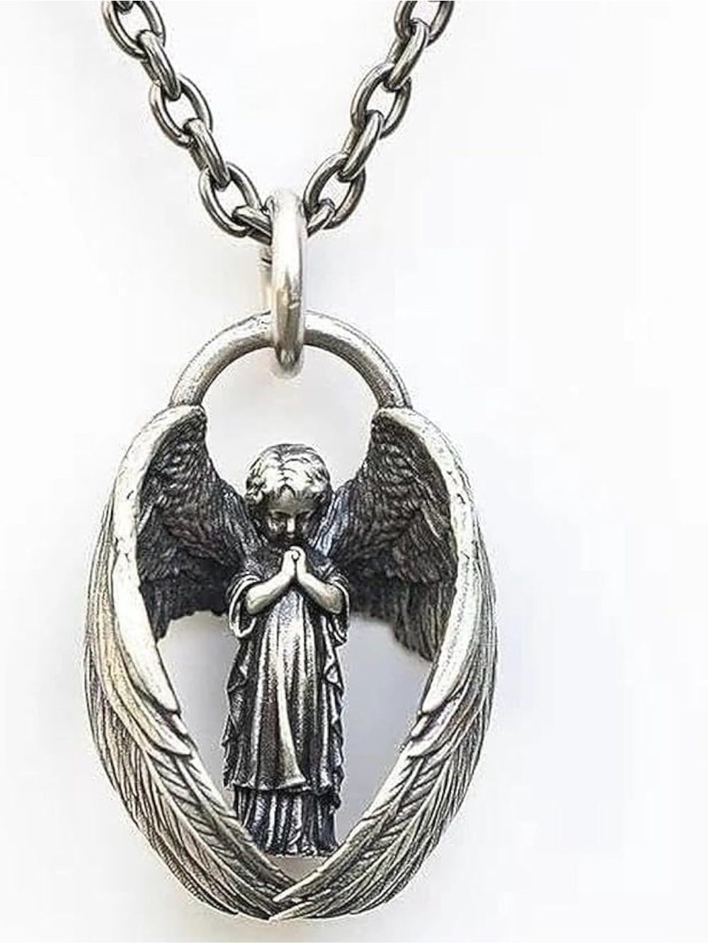 Sterling-Style Silver Angel Pendant Necklace - Guardian Wing Charm. Unisex. - Picture 3 of 3